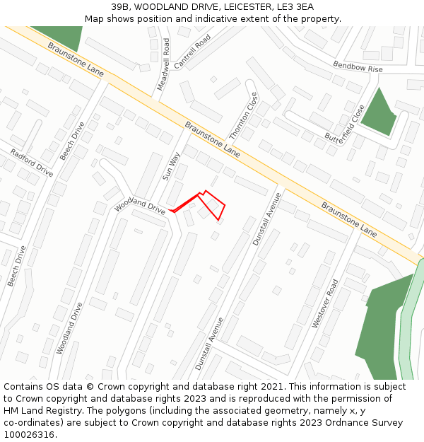39B, WOODLAND DRIVE, LEICESTER, LE3 3EA: Location map and indicative extent of plot