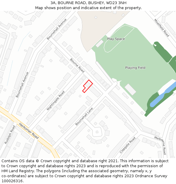 3A, BOURNE ROAD, BUSHEY, WD23 3NH: Location map and indicative extent of plot