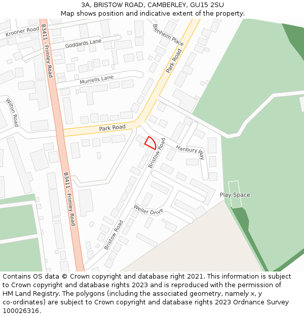 3A, BRISTOW ROAD, CAMBERLEY, GU15 2SU: Location map and indicative extent of plot