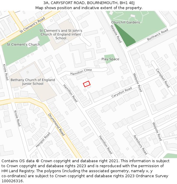 3A, CARYSFORT ROAD, BOURNEMOUTH, BH1 4EJ: Location map and indicative extent of plot