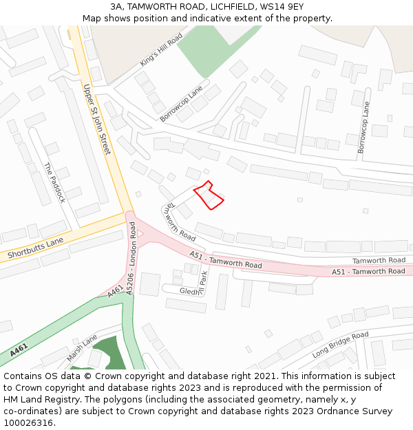 3A, TAMWORTH ROAD, LICHFIELD, WS14 9EY: Location map and indicative extent of plot