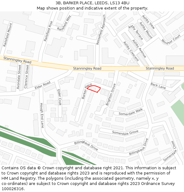 3B, BARKER PLACE, LEEDS, LS13 4BU: Location map and indicative extent of plot
