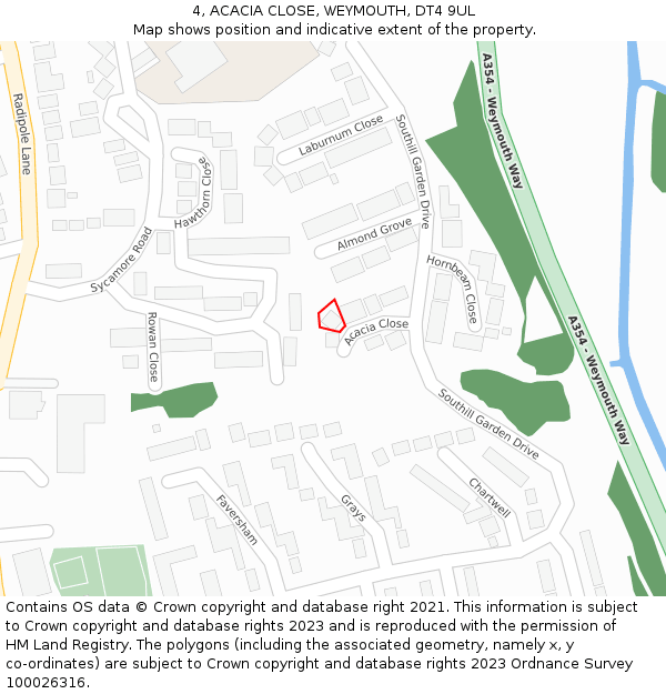 4, ACACIA CLOSE, WEYMOUTH, DT4 9UL: Location map and indicative extent of plot