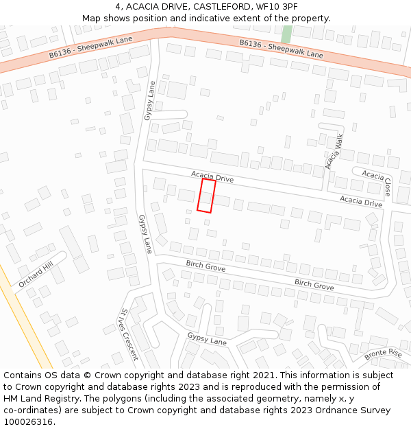 4, ACACIA DRIVE, CASTLEFORD, WF10 3PF: Location map and indicative extent of plot