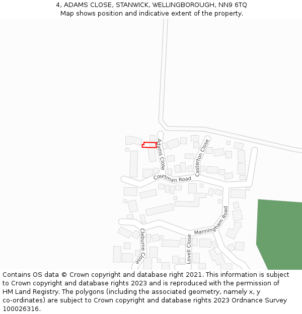 4, ADAMS CLOSE, STANWICK, WELLINGBOROUGH, NN9 6TQ: Location map and indicative extent of plot