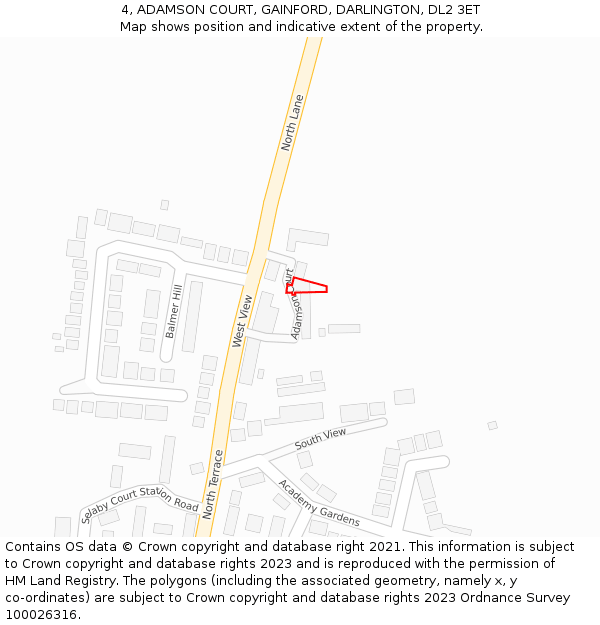 4, ADAMSON COURT, GAINFORD, DARLINGTON, DL2 3ET: Location map and indicative extent of plot
