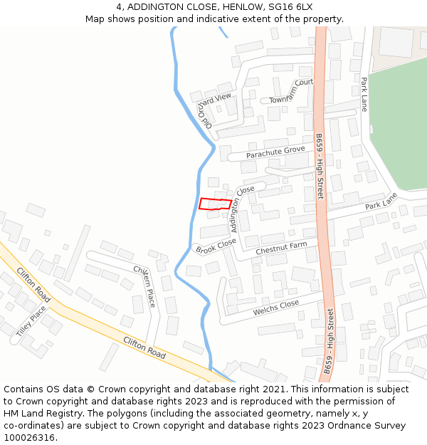 4, ADDINGTON CLOSE, HENLOW, SG16 6LX: Location map and indicative extent of plot
