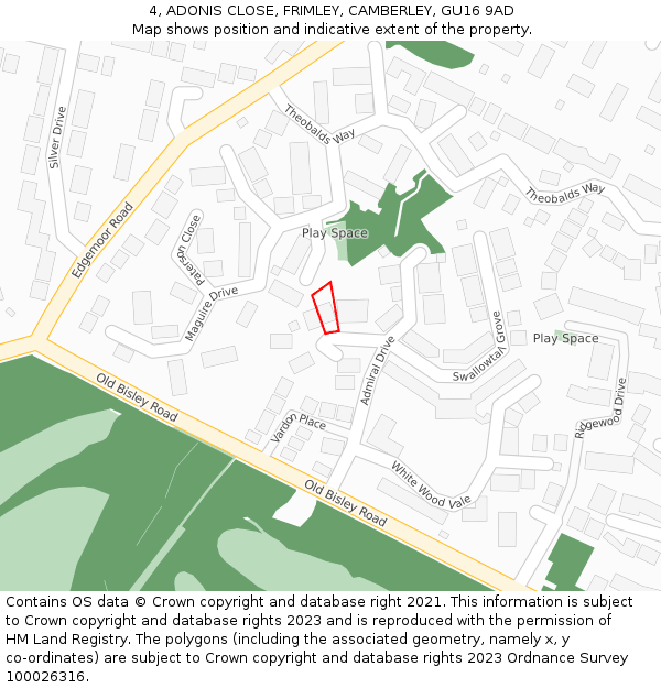 4, ADONIS CLOSE, FRIMLEY, CAMBERLEY, GU16 9AD: Location map and indicative extent of plot