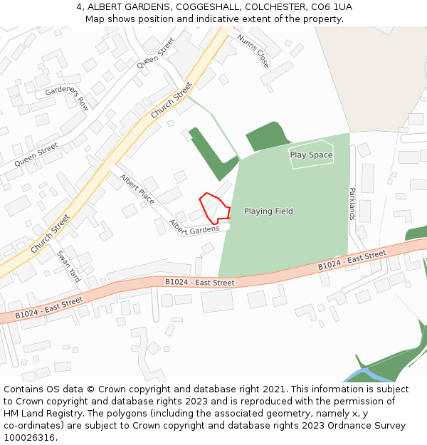 4, ALBERT GARDENS, COGGESHALL, COLCHESTER, CO6 1UA: Location map and indicative extent of plot