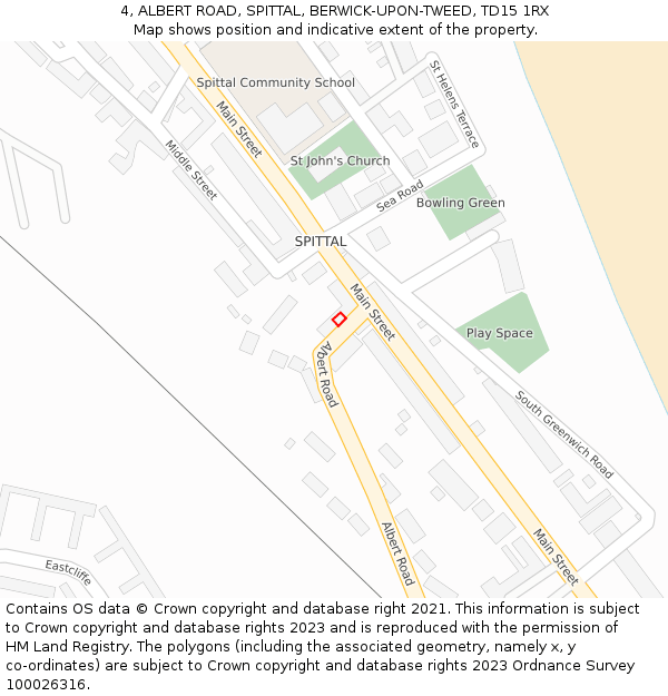 4, ALBERT ROAD, SPITTAL, BERWICK-UPON-TWEED, TD15 1RX: Location map and indicative extent of plot