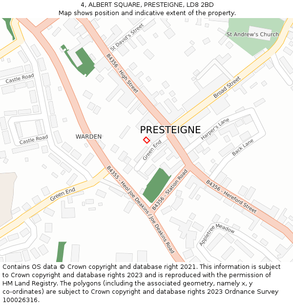 4, ALBERT SQUARE, PRESTEIGNE, LD8 2BD: Location map and indicative extent of plot