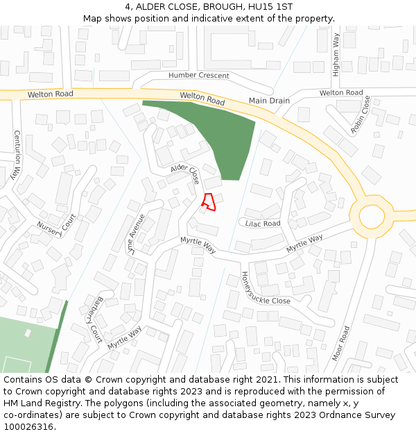 4, ALDER CLOSE, BROUGH, HU15 1ST: Location map and indicative extent of plot