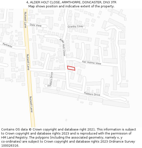 4, ALDER HOLT CLOSE, ARMTHORPE, DONCASTER, DN3 3TR: Location map and indicative extent of plot