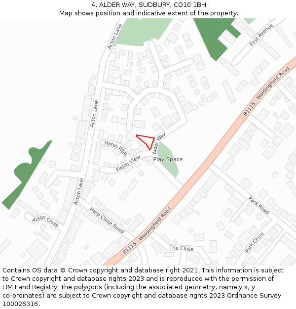 4, ALDER WAY, SUDBURY, CO10 1BH: Location map and indicative extent of plot