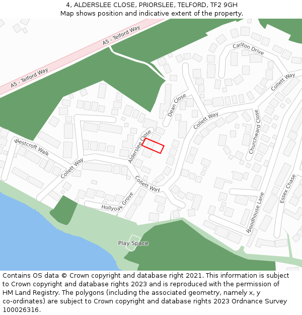 4, ALDERSLEE CLOSE, PRIORSLEE, TELFORD, TF2 9GH: Location map and indicative extent of plot