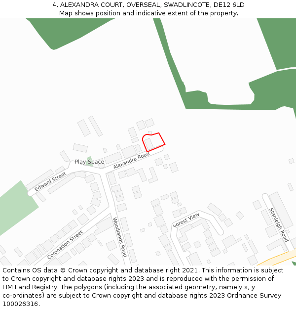 4, ALEXANDRA COURT, OVERSEAL, SWADLINCOTE, DE12 6LD: Location map and indicative extent of plot