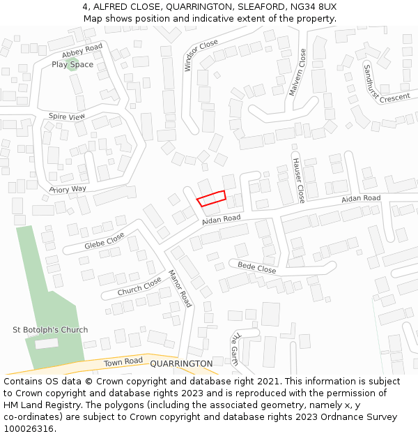 4, ALFRED CLOSE, QUARRINGTON, SLEAFORD, NG34 8UX: Location map and indicative extent of plot