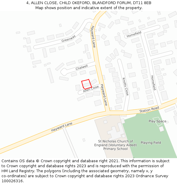 4, ALLEN CLOSE, CHILD OKEFORD, BLANDFORD FORUM, DT11 8EB: Location map and indicative extent of plot
