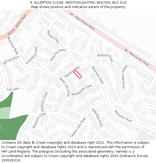 4, ALLERTON CLOSE, WESTHOUGHTON, BOLTON, BL5 3UG: Location map and indicative extent of plot