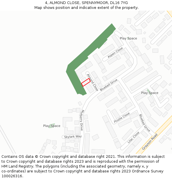 4, ALMOND CLOSE, SPENNYMOOR, DL16 7YG: Location map and indicative extent of plot