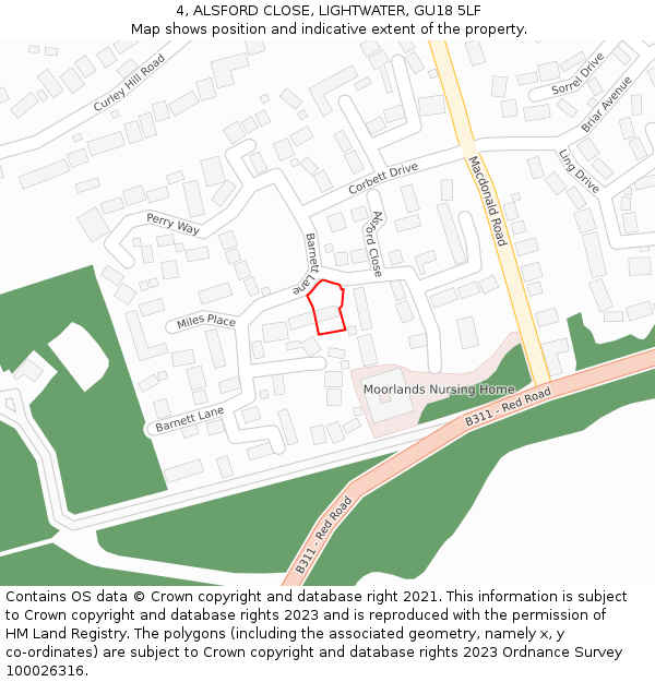 4, ALSFORD CLOSE, LIGHTWATER, GU18 5LF: Location map and indicative extent of plot