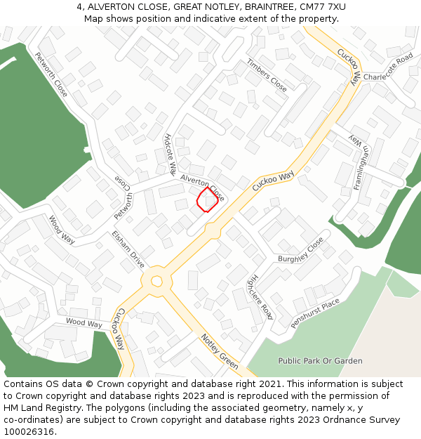 4, ALVERTON CLOSE, GREAT NOTLEY, BRAINTREE, CM77 7XU: Location map and indicative extent of plot