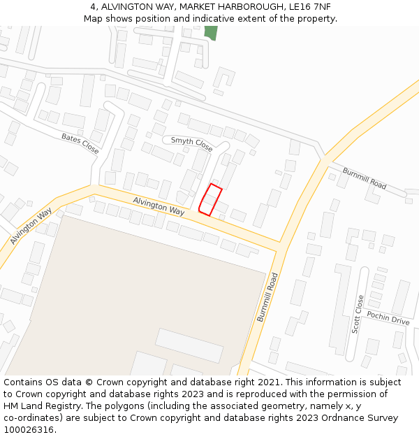 4, ALVINGTON WAY, MARKET HARBOROUGH, LE16 7NF: Location map and indicative extent of plot