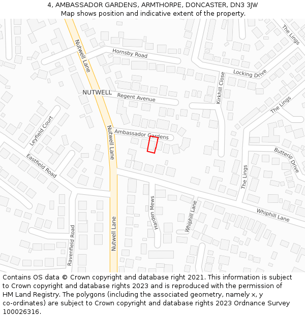 4, AMBASSADOR GARDENS, ARMTHORPE, DONCASTER, DN3 3JW: Location map and indicative extent of plot