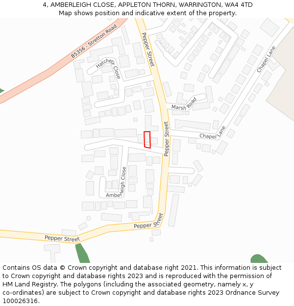 4, AMBERLEIGH CLOSE, APPLETON THORN, WARRINGTON, WA4 4TD: Location map and indicative extent of plot