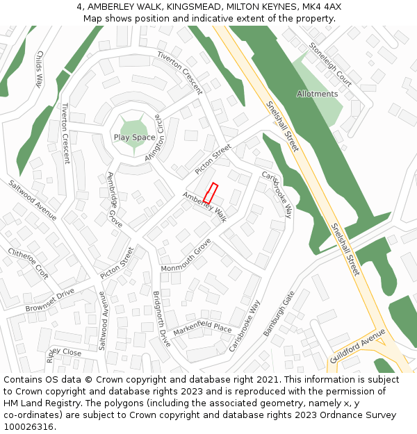 4, AMBERLEY WALK, KINGSMEAD, MILTON KEYNES, MK4 4AX: Location map and indicative extent of plot