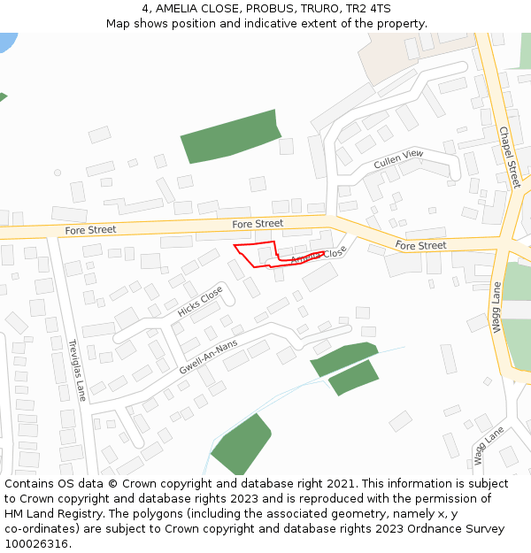 4, AMELIA CLOSE, PROBUS, TRURO, TR2 4TS: Location map and indicative extent of plot