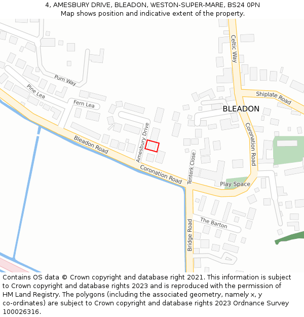 4, AMESBURY DRIVE, BLEADON, WESTON-SUPER-MARE, BS24 0PN: Location map and indicative extent of plot