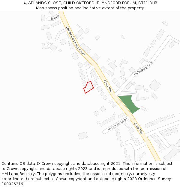 4, APLANDS CLOSE, CHILD OKEFORD, BLANDFORD FORUM, DT11 8HR: Location map and indicative extent of plot