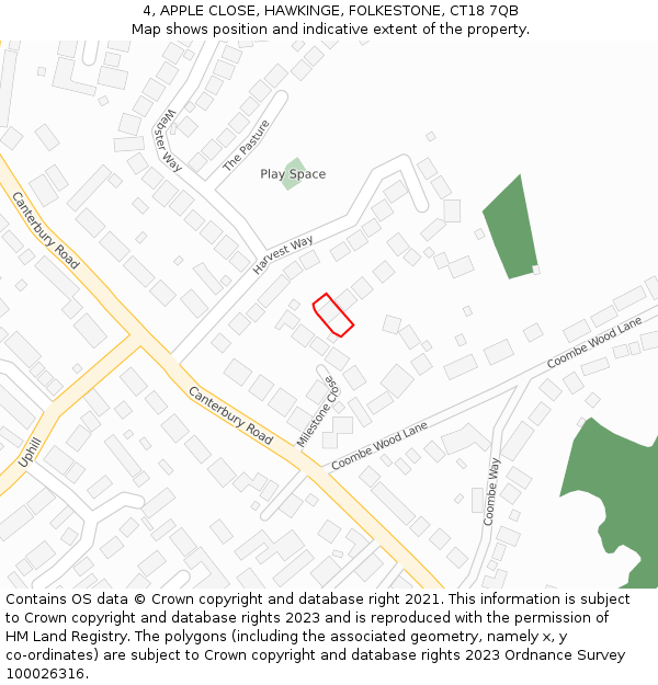 4, APPLE CLOSE, HAWKINGE, FOLKESTONE, CT18 7QB: Location map and indicative extent of plot