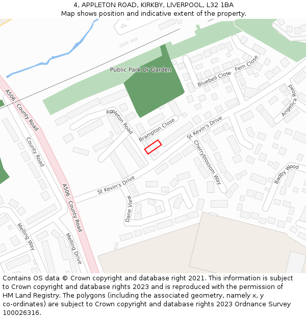 4, APPLETON ROAD, KIRKBY, LIVERPOOL, L32 1BA: Location map and indicative extent of plot