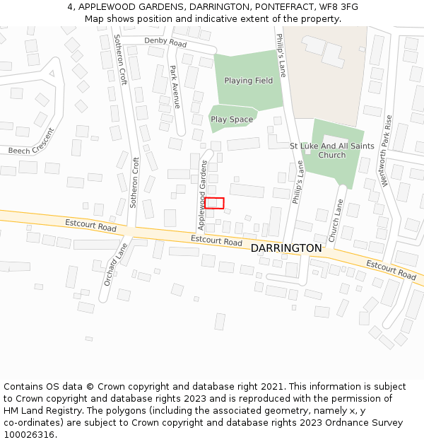 4, APPLEWOOD GARDENS, DARRINGTON, PONTEFRACT, WF8 3FG: Location map and indicative extent of plot