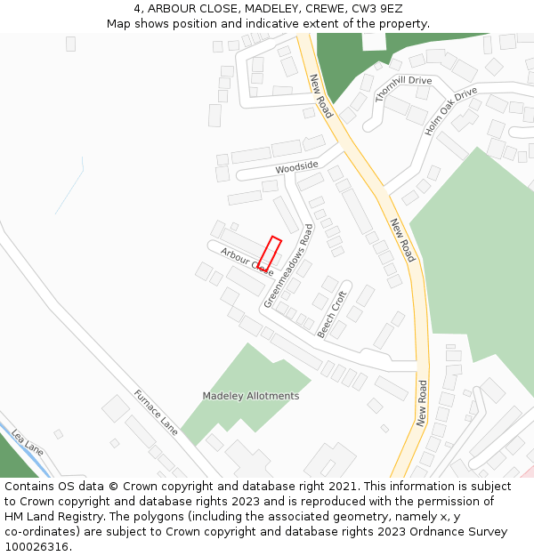 4, ARBOUR CLOSE, MADELEY, CREWE, CW3 9EZ: Location map and indicative extent of plot