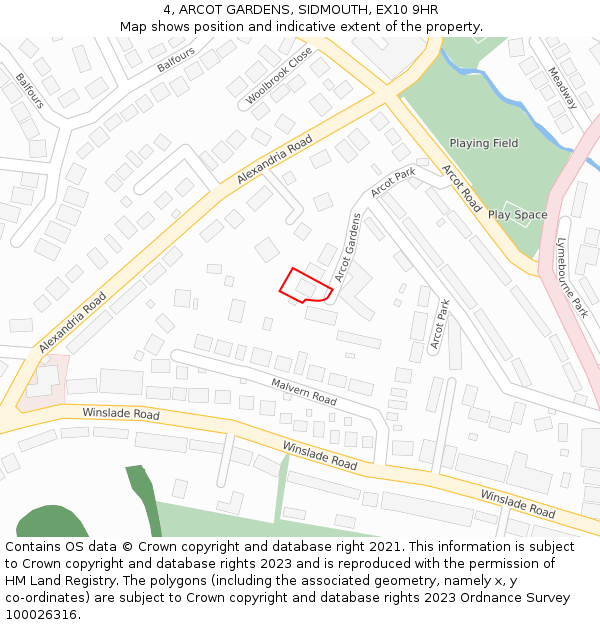 4, ARCOT GARDENS, SIDMOUTH, EX10 9HR: Location map and indicative extent of plot