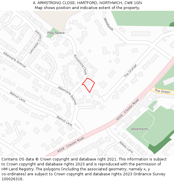 4, ARMSTRONG CLOSE, HARTFORD, NORTHWICH, CW8 1GN: Location map and indicative extent of plot