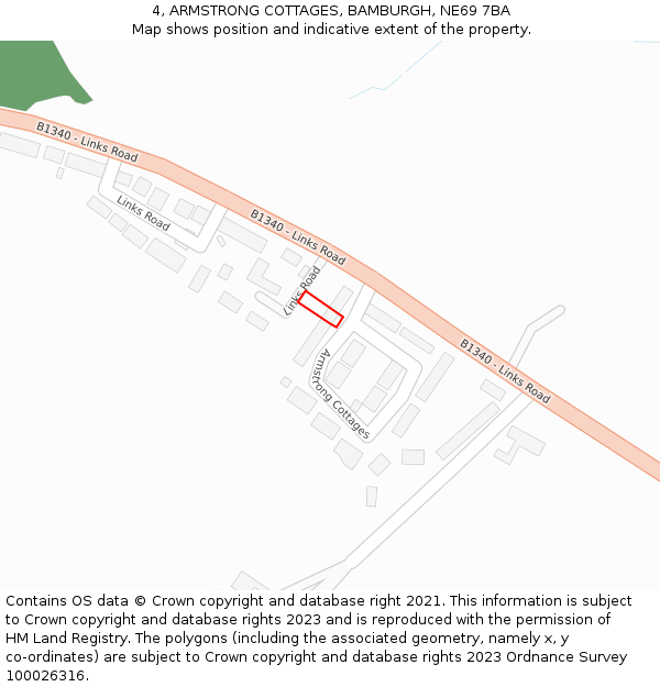 4, ARMSTRONG COTTAGES, BAMBURGH, NE69 7BA: Location map and indicative extent of plot