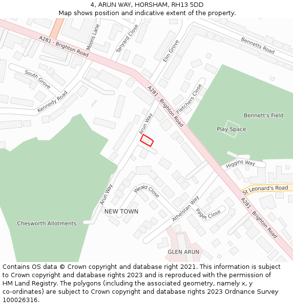 4, ARUN WAY, HORSHAM, RH13 5DD: Location map and indicative extent of plot