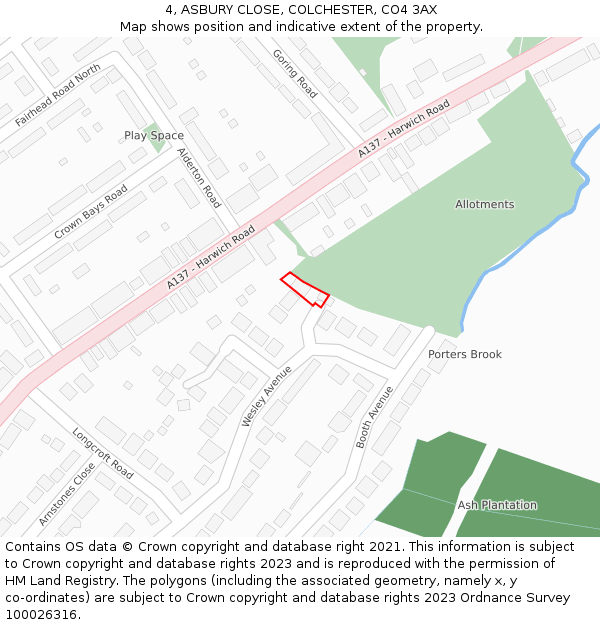 4, ASBURY CLOSE, COLCHESTER, CO4 3AX: Location map and indicative extent of plot