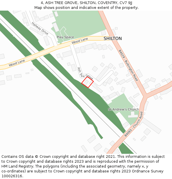 4, ASH TREE GROVE, SHILTON, COVENTRY, CV7 9JJ: Location map and indicative extent of plot