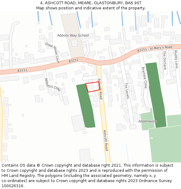 4, ASHCOTT ROAD, MEARE, GLASTONBURY, BA6 9ST: Location map and indicative extent of plot