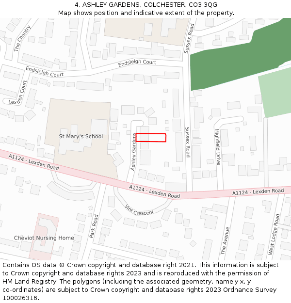 4, ASHLEY GARDENS, COLCHESTER, CO3 3QG: Location map and indicative extent of plot