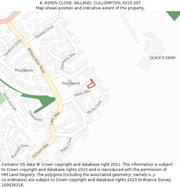 4, ASPEN CLOSE, WILLAND, CULLOMPTON, EX15 2ST: Location map and indicative extent of plot