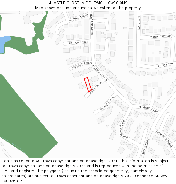 4, ASTLE CLOSE, MIDDLEWICH, CW10 0NS: Location map and indicative extent of plot
