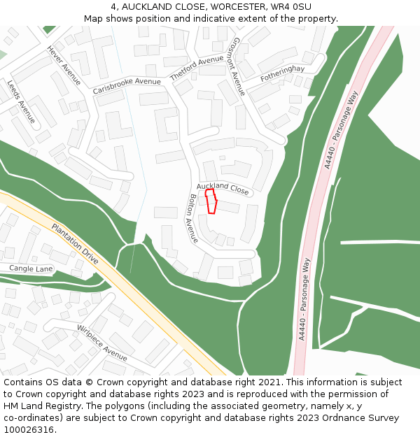 4, AUCKLAND CLOSE, WORCESTER, WR4 0SU: Location map and indicative extent of plot