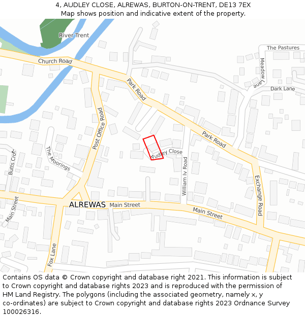 4, AUDLEY CLOSE, ALREWAS, BURTON-ON-TRENT, DE13 7EX: Location map and indicative extent of plot