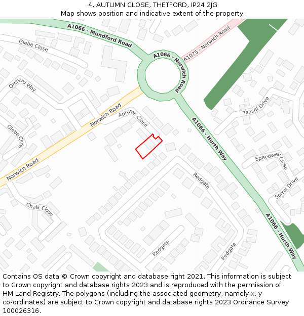 4, AUTUMN CLOSE, THETFORD, IP24 2JG: Location map and indicative extent of plot